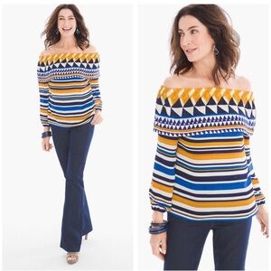 Chico’s Graphic Off-The-Shoulder Top Boho Triable Shirt, size medium